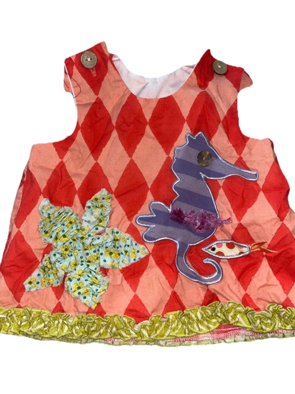 Red Diamond-Print Kids Tank Top with Seahorse Appliqué
